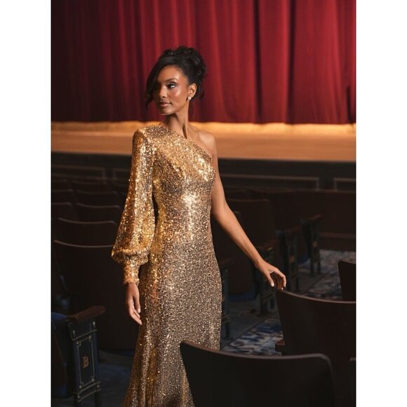 MAC DUGGAL Size 2 Gold Sequined One Shoulder Trumpet Formal Prom Gown Dress New - Picture 4 of 11